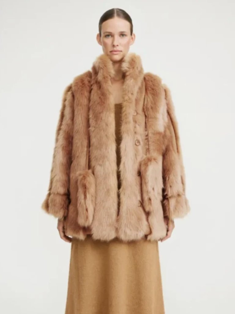 Malene Birger Kaliies Faux Fur Brown Coat Button Front Closure Tassels Sz Large